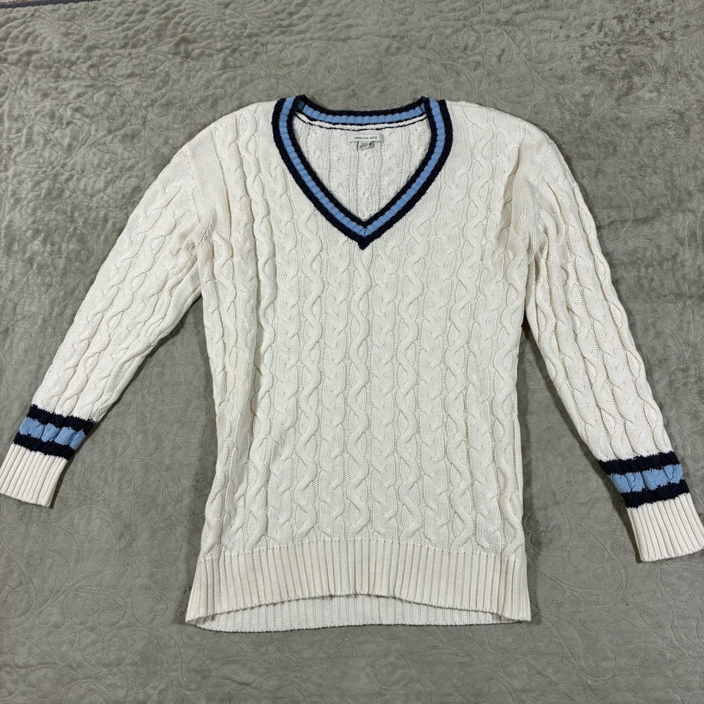 American Eagle Womens Tennis Cable Knit Sweater Size S Preppy Academia Varsity